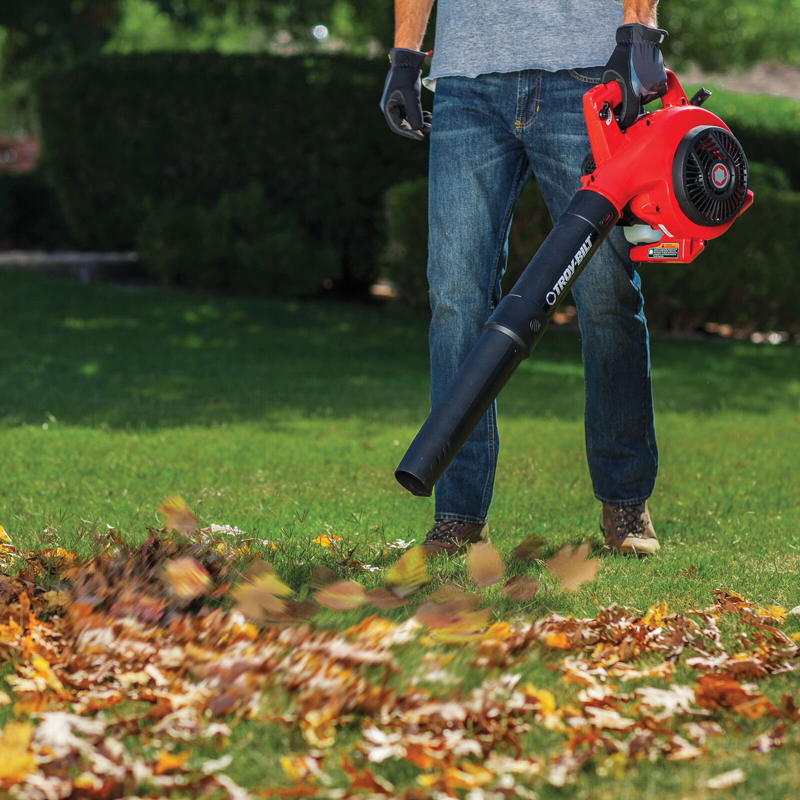 Person in jeans and gloves clearing autumn leaves from a lawn with a red Troy-Bilt TB430 handheld blower
