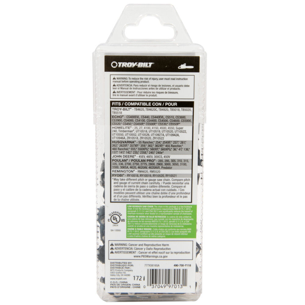 20-inch Gas Saw Chain - 490-700-Y118 | Troy-Bilt US