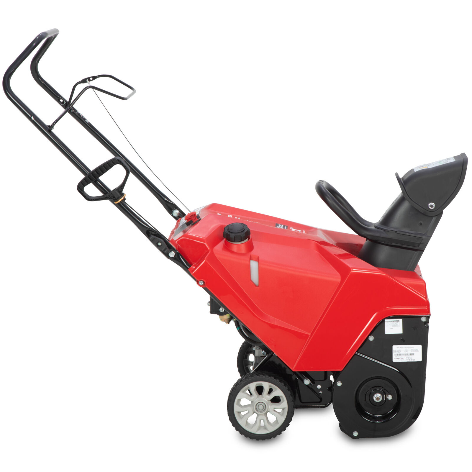 Side view of the red Troy-Bilt Squall 123R single-stage snow blower with folding handle