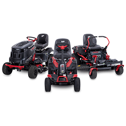 Three Troy-Bilt electric riding mowers together